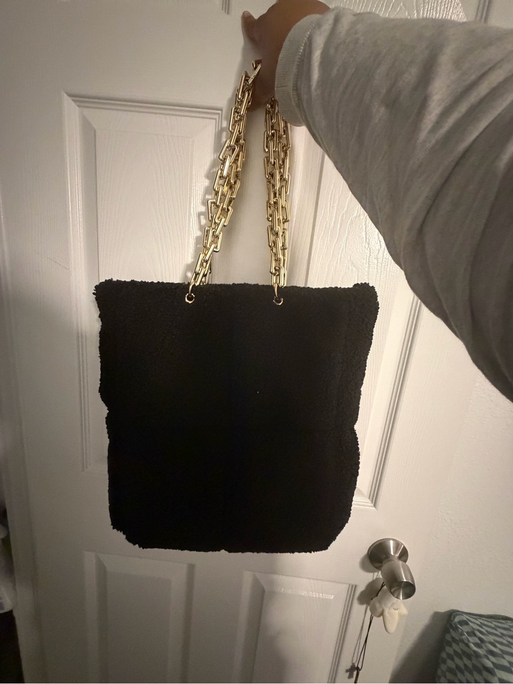 Black Sherpa Tote Bag with Gold Chain Handles